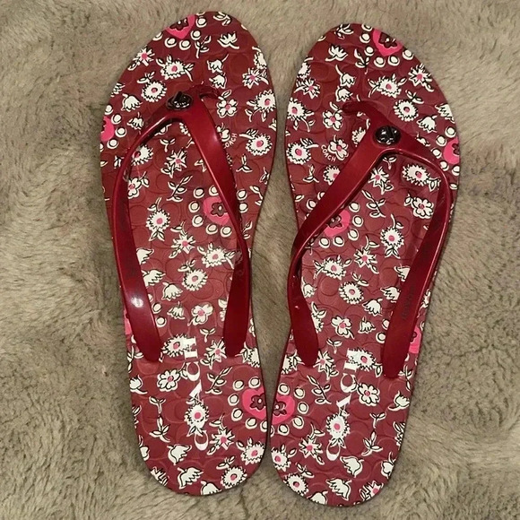 Coach red floral flips flops. Size 9-10 Silver embellishment on strap. - Picture 4 of 9